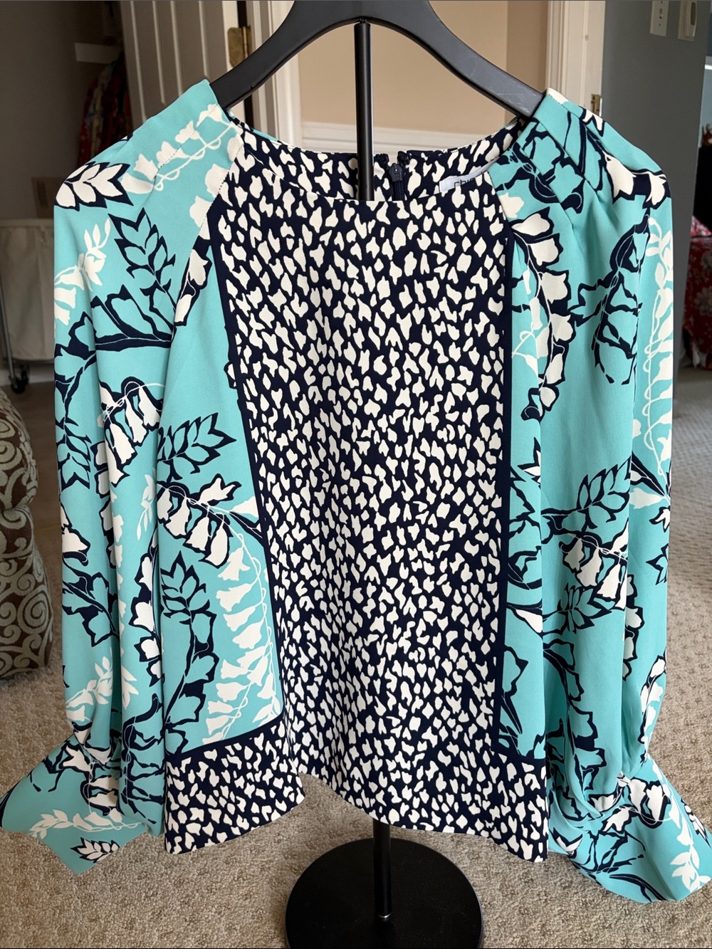 Chico's Turquoise & Navy Mixed Floral & Abstract Blouse